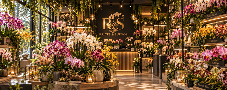Interior de la tienda de orquídeas Raíces & Sueños