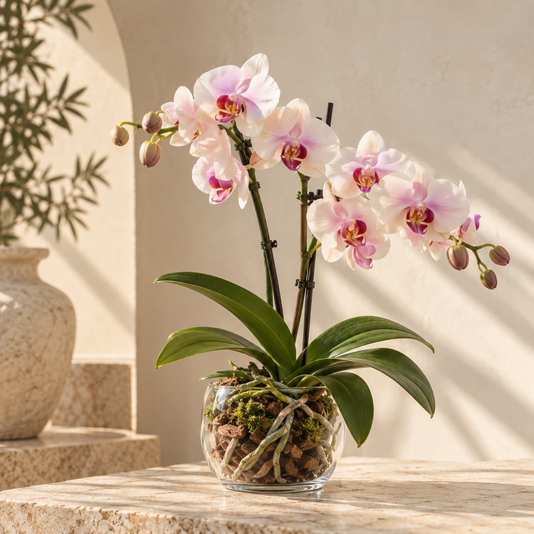 Orquídea Phalaenopsis blanca y rosada en macetero de vidrio con corteza y musgo