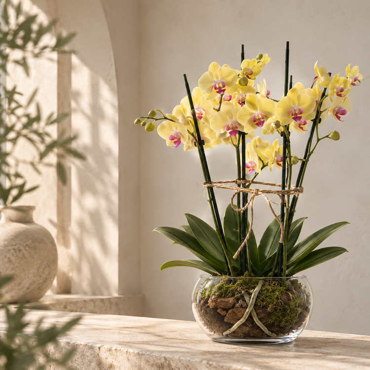 Arreglo de orquídeas amarillas en bowl de vidrio con musgo y corteza