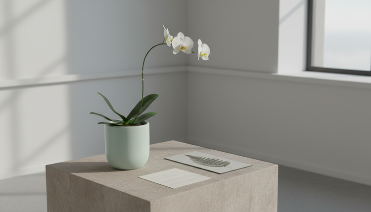 Orquídea blanca junto a una ventana con luz suave